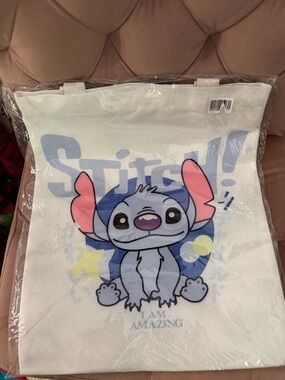Stitch Tote Bag - White with Blue & Pink Graphic
